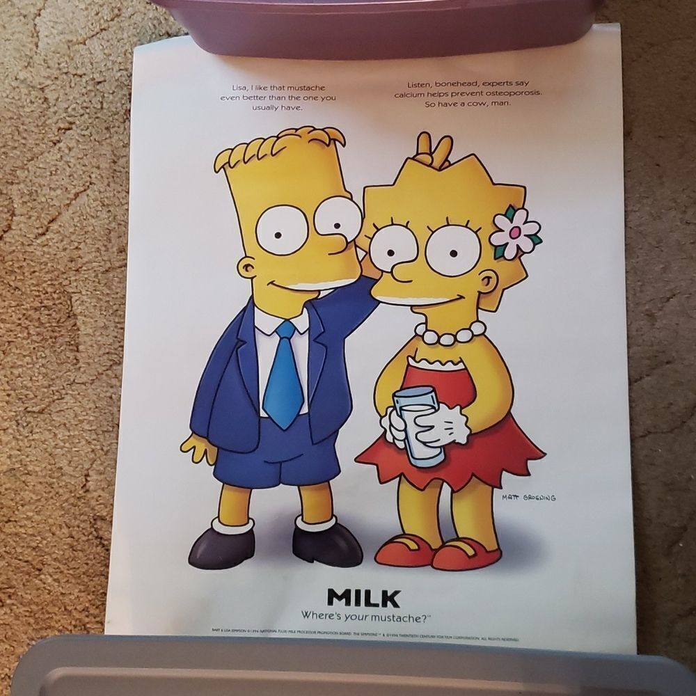 Large Vintage 1996 Bart Simpson Lisa Simpson Milk Mustache Promotional Poster
